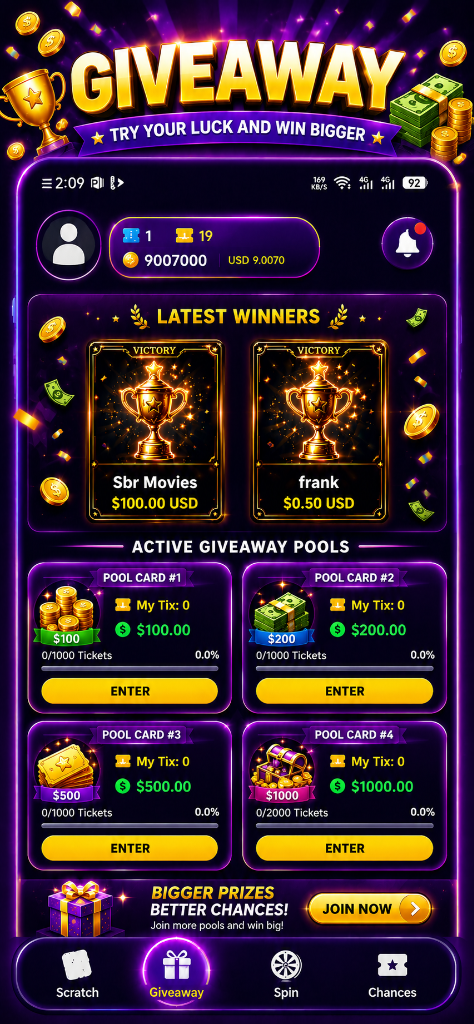Cash Giveaway Pools $100 $200 $500 $1000